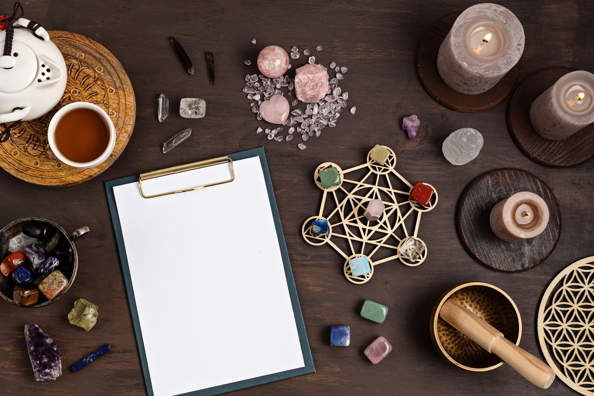 Healing chakra crystal grid therapy. Rituals with gemstones and aromatherapy for wellness, healing, meditation
