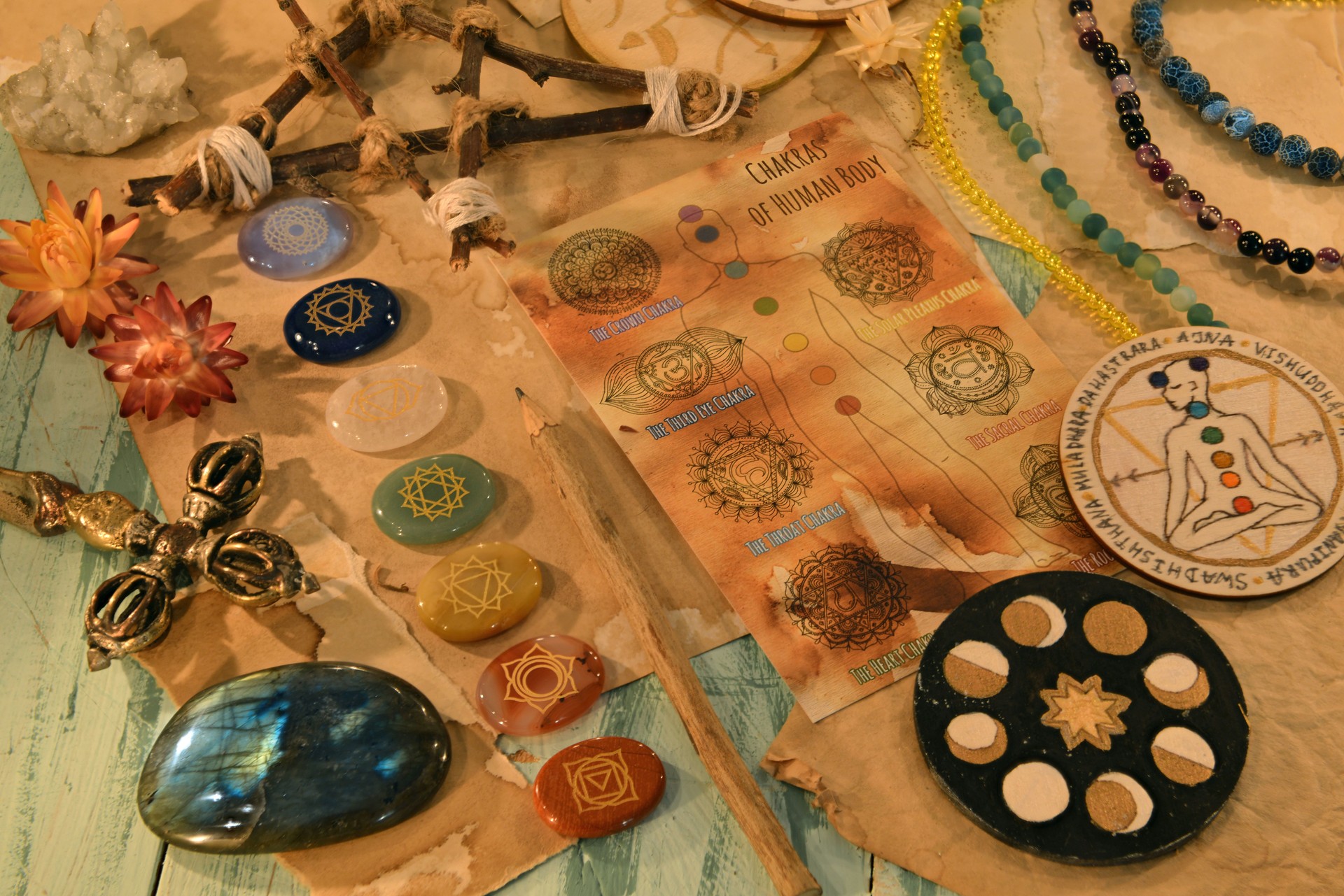 Still life with chakras of human body concept, crystals and magic ritual objects.