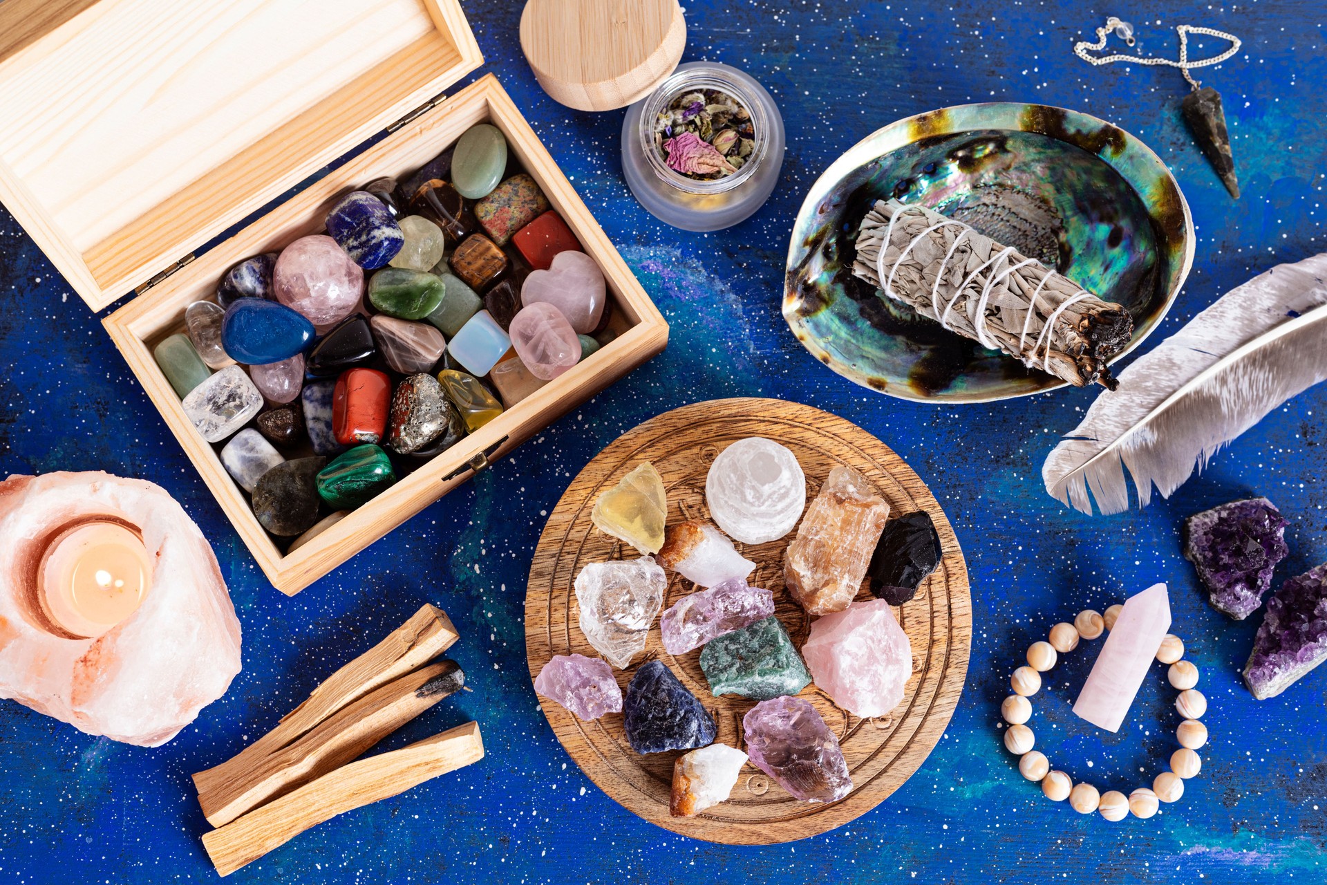 Smudge kit with white sage, palo santo, himalayan salt candle holder. Natural elements for wellbeing